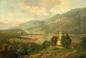 Dusseldorfer Maler 2. Halfte 19. Jh. Stellte Ab 1860 Regelmasig Auf Der Dusseldorfer Kunstausstellung Aus. Sign. Seelandschaft In Den Alpen Mit Kirchdorf Und Figurenstaffage. Ol/lwd. . 37 X 53 Cm. R