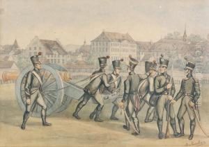 Soldaten Mit Kanone Vor Einer Stadt.