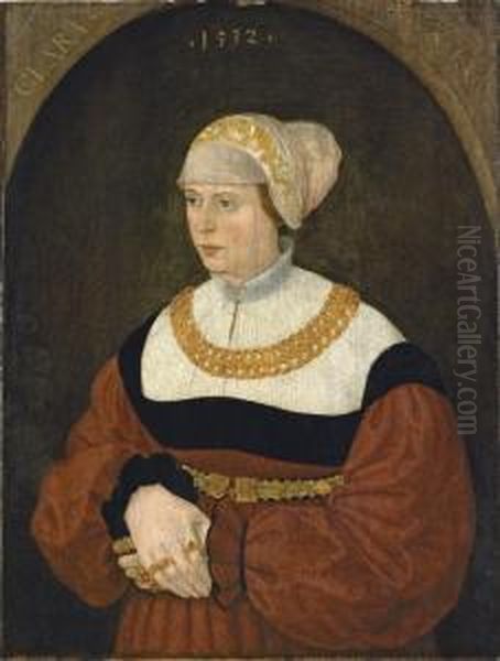 Portrait Of Clara Burckhardt, Half-length, In A Gold-embroidered White Bonnet And A Red Dress With A Lace Collar, And A Gold Belt And Necklace, In A Sculpted Niche - view 1