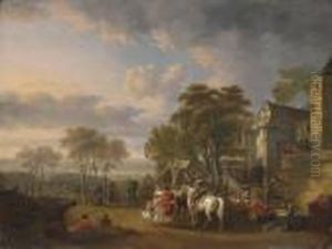 Cavalrymen At Rest By An Inn, A Military Encampment Beyond
