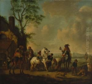 Reitergesellschaft Beim Hufschmied. by Carel van Falens or Valens