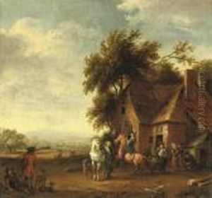 Soldiers Resting Outside An Inn, A Hilly Landscape Beyond