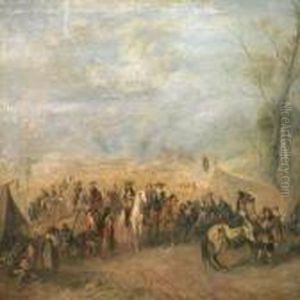 Soldiers, People And Horses By A Tent Camp by Alfred Ritter von Malheim Friedlander