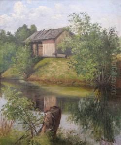 Landskap Med Lada Vid Flod- Motiv Fran Ljusdal by Lotten Von Gegerfelt