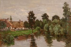 Riverlandscape With Village And Church With Upcoming Rain
