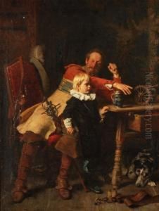 Interieurszene Mit Vater Und Kind by Gabriel Von Hackl