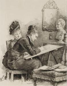 Deux Femmes Assises Dessinant by Gabriel Von Hackl