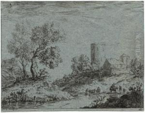 Flusslandschaft Mit Reitern Flusslandschaft Mit Reitern
