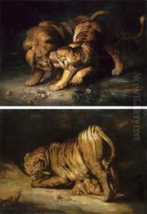 A Lion And Tiger In A Cave; A Tigress Protecting Her Cubs From A Snake A Lion And Tiger In A Cave; A Tigress Protecting Her Cubs From A Snake