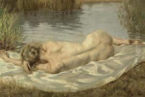 Liegender Akt In Einer Flusslandschaft. 1926. by Peter Von Hamme