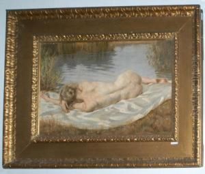 Liegender Akt In Einer Flusslandschaft. by Peter Von Hamme