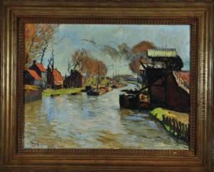 Vorfruhling Am Kanal Mit Kahnen Und Hausern Am Ufer by Hans von Hayek