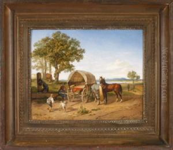 Rastende Familie Mit Planwagen An Einem Brunnen In Weiter Voralpenlandschaft Mit Einem See Im Hintergrund - view 1