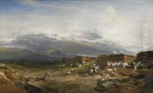 Italian Mountainous Landscape. Goatherds And Their Stock On An Ancient Ruin. Unreaderly Signed Below Left by Karl Wilhelm Von Heideck