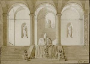 Architecture With Vaulted Hall Of Columns And Fountain