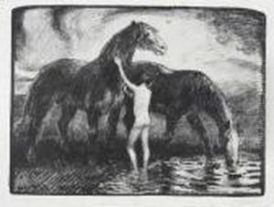Knabe Mit Pferden Am Wasser by Ludwig Von Hofmann