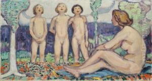 Frau Mit Singenden Kindern(supraporte) by Ludwig Von Hofmann