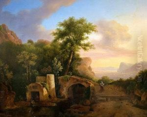 Figures By A Bridge With A Ruin