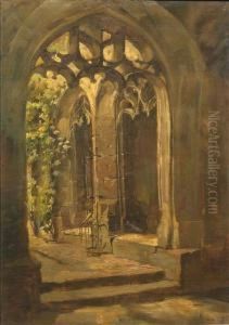 In A Gothic Cloister. Oil/canvas, Signed by Friedrich von Keller