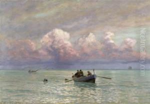 Fishermen At Sea Near Bodighera by Fritz Von Kleudgen