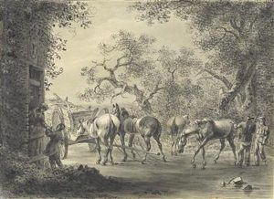 Pferde An Einem Heuwagen Vor Einem Haus In Einer Landschaft by Wilhelm Alexander W. Von Kobell