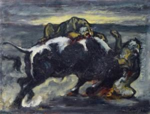 Kampf Zwischen Stier Und Zwei Tigern by Leo Von Konig