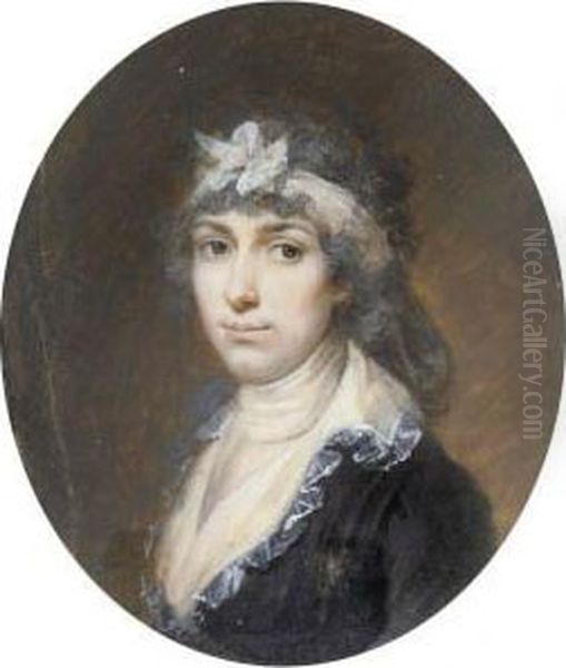 A Young Lady In A Black Dress With Frilled White Collar, A Whiteribbon In Her Powdered Hair (cracked) - view 1