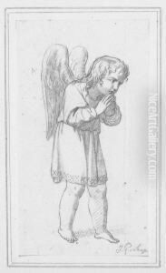 Betender Engel. Bleistiftzeichnung Auf Butten. 16,3 X 9,1 Cm. Anfang 19. Jh. Signiert.
