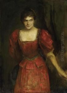 Portrait Of A Young Woman Wearing A Red Dress by Lenbach Franz Von