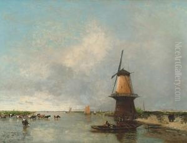Dutch Canal Landscape With Windmill And Cattle - view 1