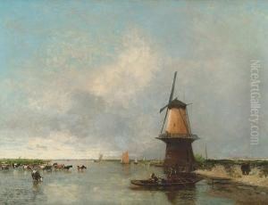 Dutch Canal Landscape With Windmill And Cattle by Carl Freiherr Von Malchus