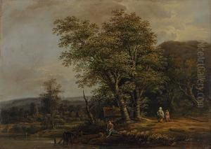 Waldlandschaft Mit Rastendem Bauern, Im Hintergrund Ein Dorf