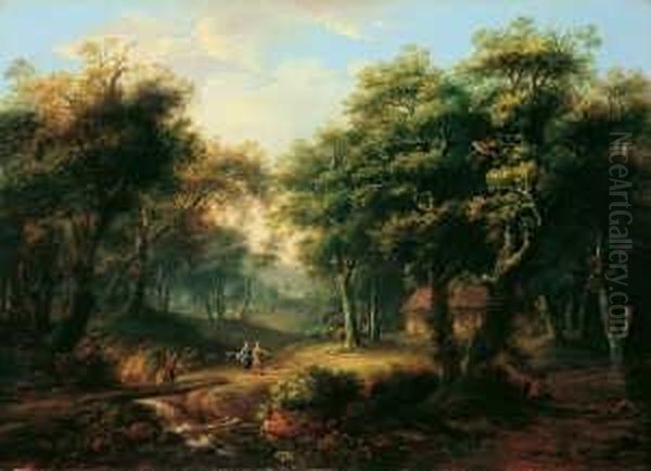 Bewaldete Landschaft Mit Einer Hutte Zwischen Baumen Und Figurenstaffage. - view 1
