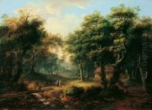 Bewaldete Landschaft Mit Einer Hutte Zwischen Baumen Und Figurenstaffage.