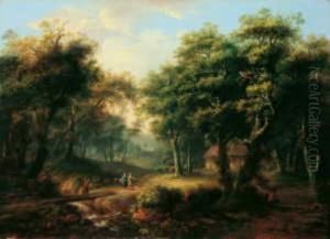 Bewaldete Landschaft Mit Einer Hutte Zwischen Baumen