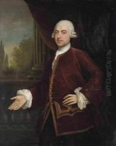 Portrait Of A Gentleman, Three-quarter-length, In A Red Coat Andgold Trimmed Waist Coat, A Landscape Beyond