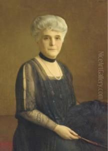 Portrait Of A Lady In A Black Dress With A Feather Fan by Franz Von Matsch