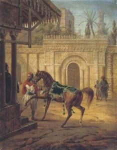 An Arabian Mare And A Groom In A Courtyard by Heinrich Von Mayr