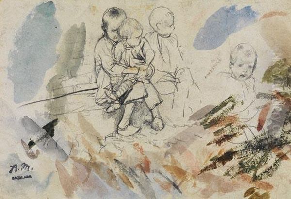 Drei Sitzende Kinder Und Ein Kinderkopfchen, Aquarellproben - view 1