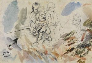 Drei Sitzende Kinder Und Ein Kinderkopfchen, Aquarellproben Drei Sitzende Kinder Und Ein Kinderkopfchen, Aquarellproben