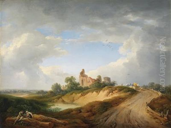 Wide Landscape With A Herd Of Cattle By A Ruin - view 1