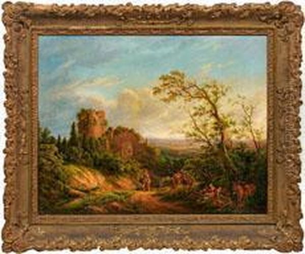 Romantische Landschaftmit Rastender Bauernfamilie Vor Einer Burgruine - view 1