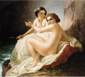 Two Young Women In A Grotto by Timoleon Carl Nehf Von Neff