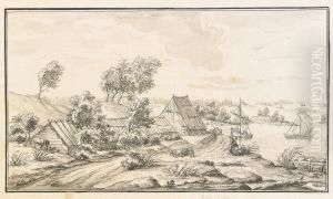 Parti Av Kustlandskap Med Figurstaffage Och Segelskutor Parti Av Kustlandskap Med Figurstaffage Och Segelskutor