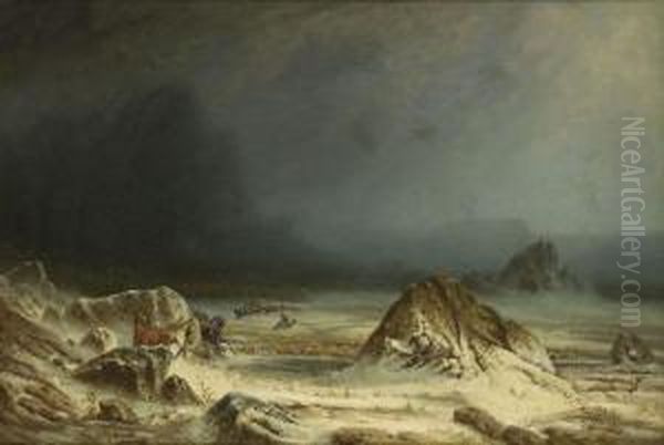 Winterlanschaft Mit Fluchtenden Pferden Bei Aufziehendem Unwetter - view 1