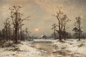 Snow Scene With A Winter Cabin