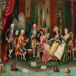 Rococo Interior With Elegant People Playing Music by Franz Von Persoglia