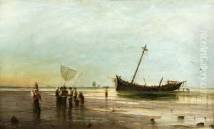 Fischer Mit Ihren Netzen Im Watt Vor Einem Schiffswrack Bei Husum by Hans Ritter Von Petersen