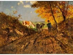 Herbstlandschaft Mit Kuhen by Richard Von Poschinger
