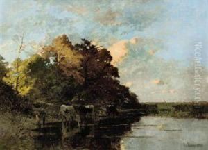 Cattle Watering At Dusk by Richard Von Poschinger